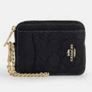 NWT Coach 6303 Zip Card Case ID Wallet Refined Pebble Leather – Black/Gold
